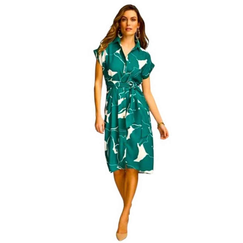 Donna Karan Teal & White Printed Shirt Dress